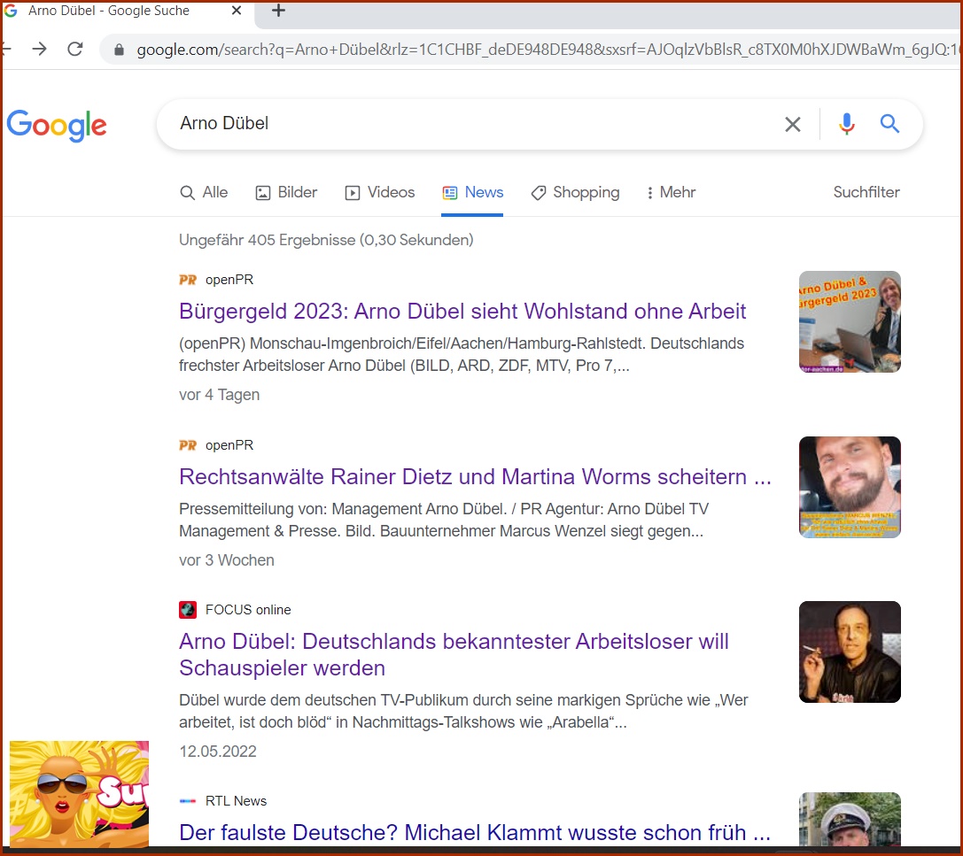 Arno Dübel in Google-News Suche auf allen ersten Plätzen